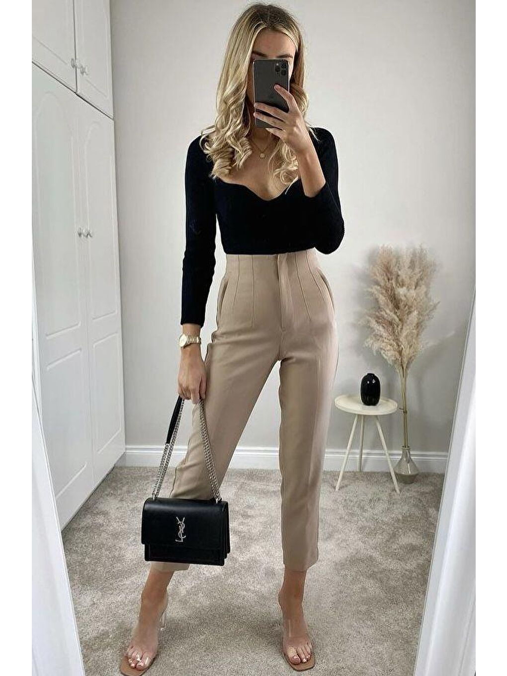 Bej Önü Biyeli Yüksek Bel Kadın Pantolon Mg2425-3