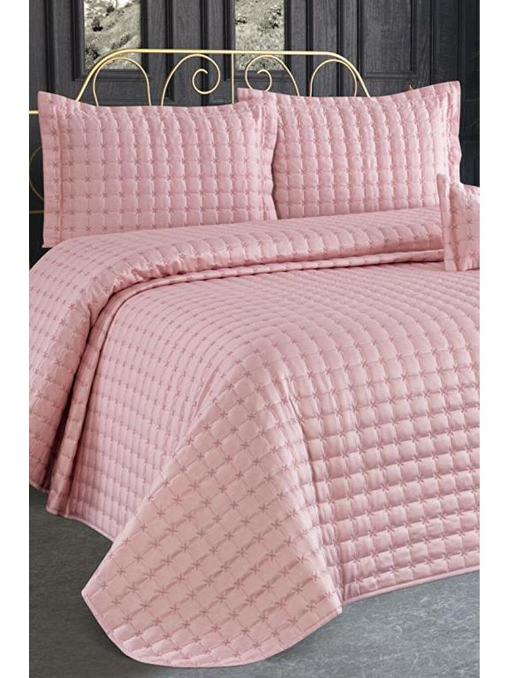 Pembe Yıldız Tek Kişilik Kapitoneli Yatak Örtüsü Pudra-1