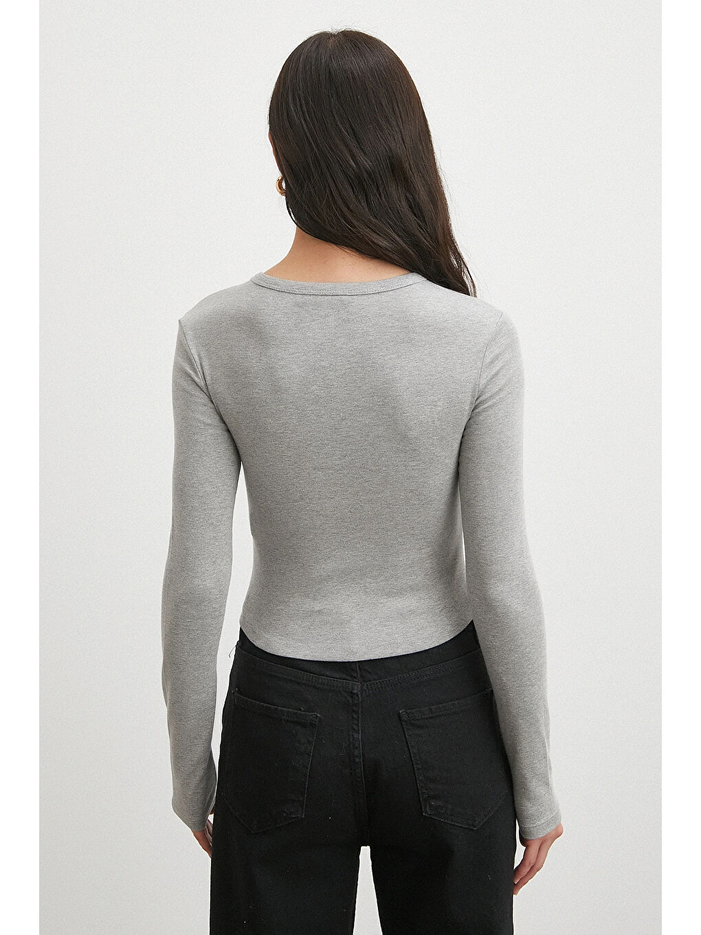 Düğmeli Uzun Kol Bluz Gri-5