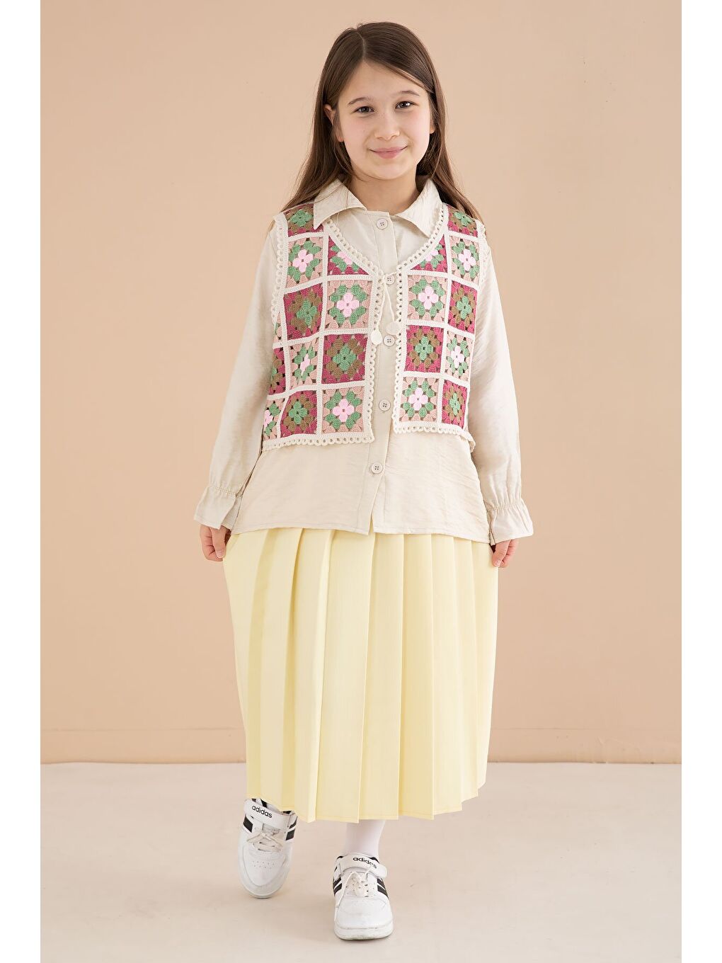 Sarı Çiçek Desen Örgü Süveterli Gömlekli Kız Çocuk Etekli 3lü Takım 23582-4