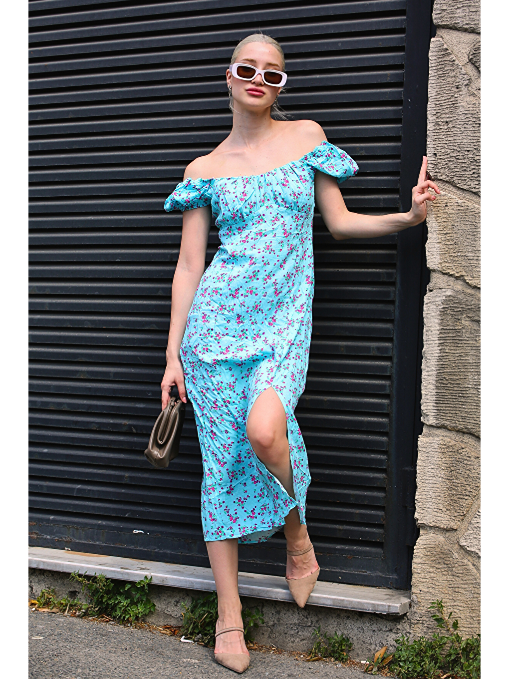 Mavi Çiçek Desenli Yırtmaçlı Elbise Mg1863-1