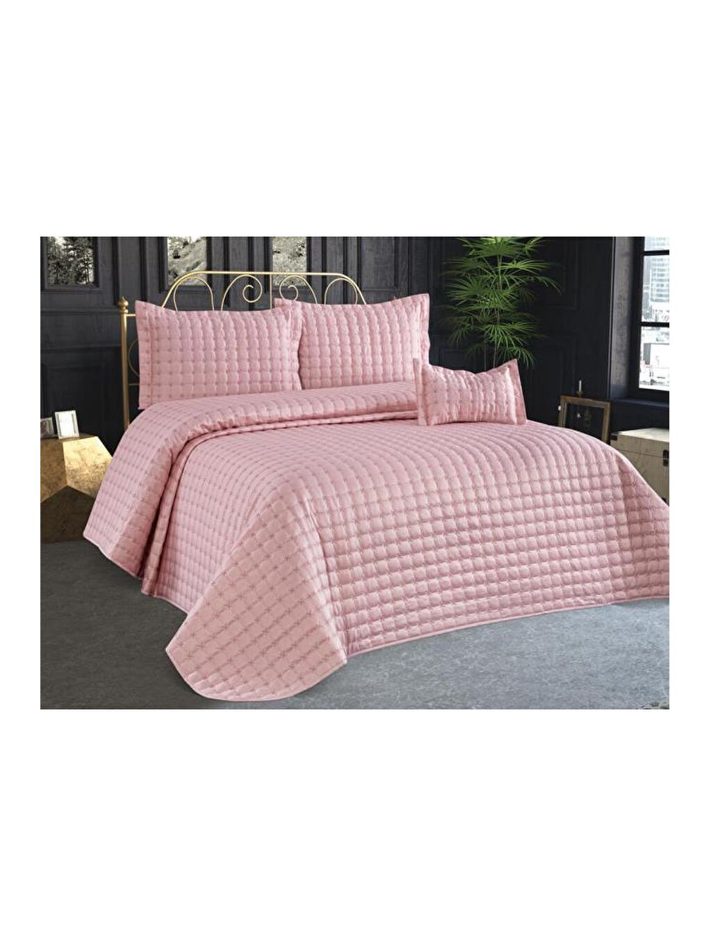 Pembe Yıldız Tek Kişilik Kapitoneli Yatak Örtüsü Pudra-2