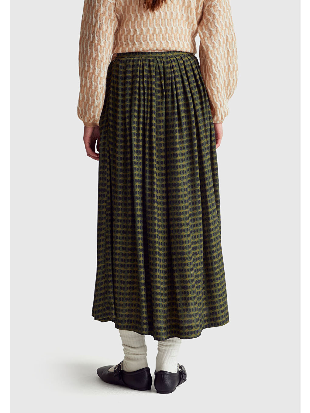 Kadın Koyu Yeşil %100 Viskoz Tamamı Desenli Pileli Midi Etek-2