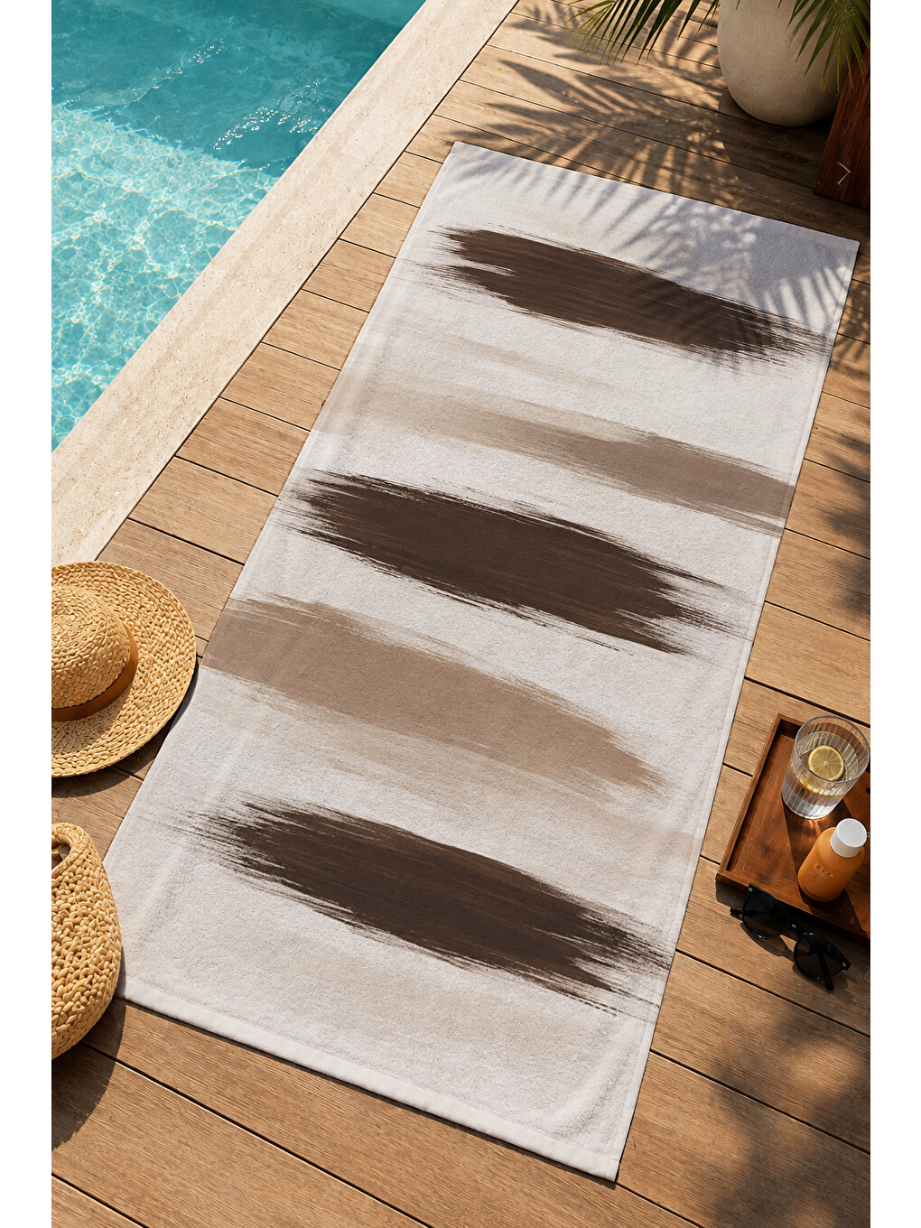 Kahverengi Modern Kahve Suluboya Fırça Darbeli Şeritli Desenli 70x150 Plaj Havlusu - Pamuklu Banyo Havlusu-3