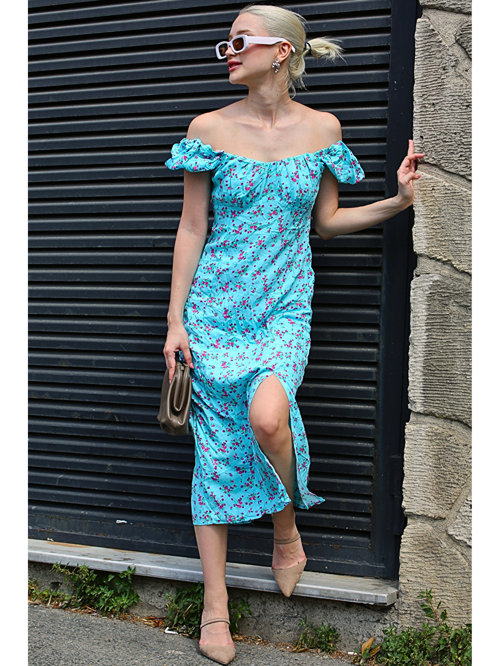 Mavi Çiçek Desenli Yırtmaçlı Elbise Mg1863-2