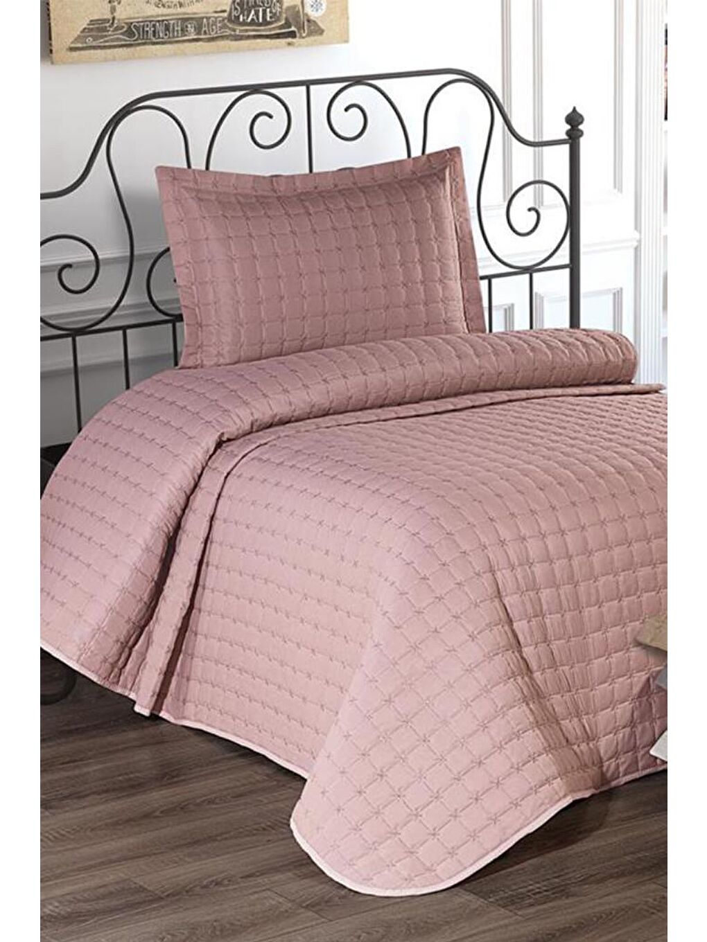 Pembe Yıldız Tek Kişilik Kapitoneli Yatak Örtüsü Pudra-3