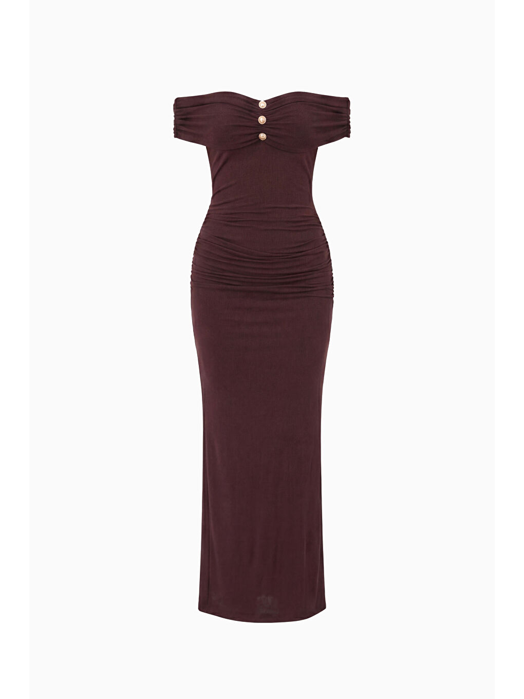 Kadın Kahverengi Kayık Yaka Gold Aksesuar Detay Maxi Davet Elbisesi-6