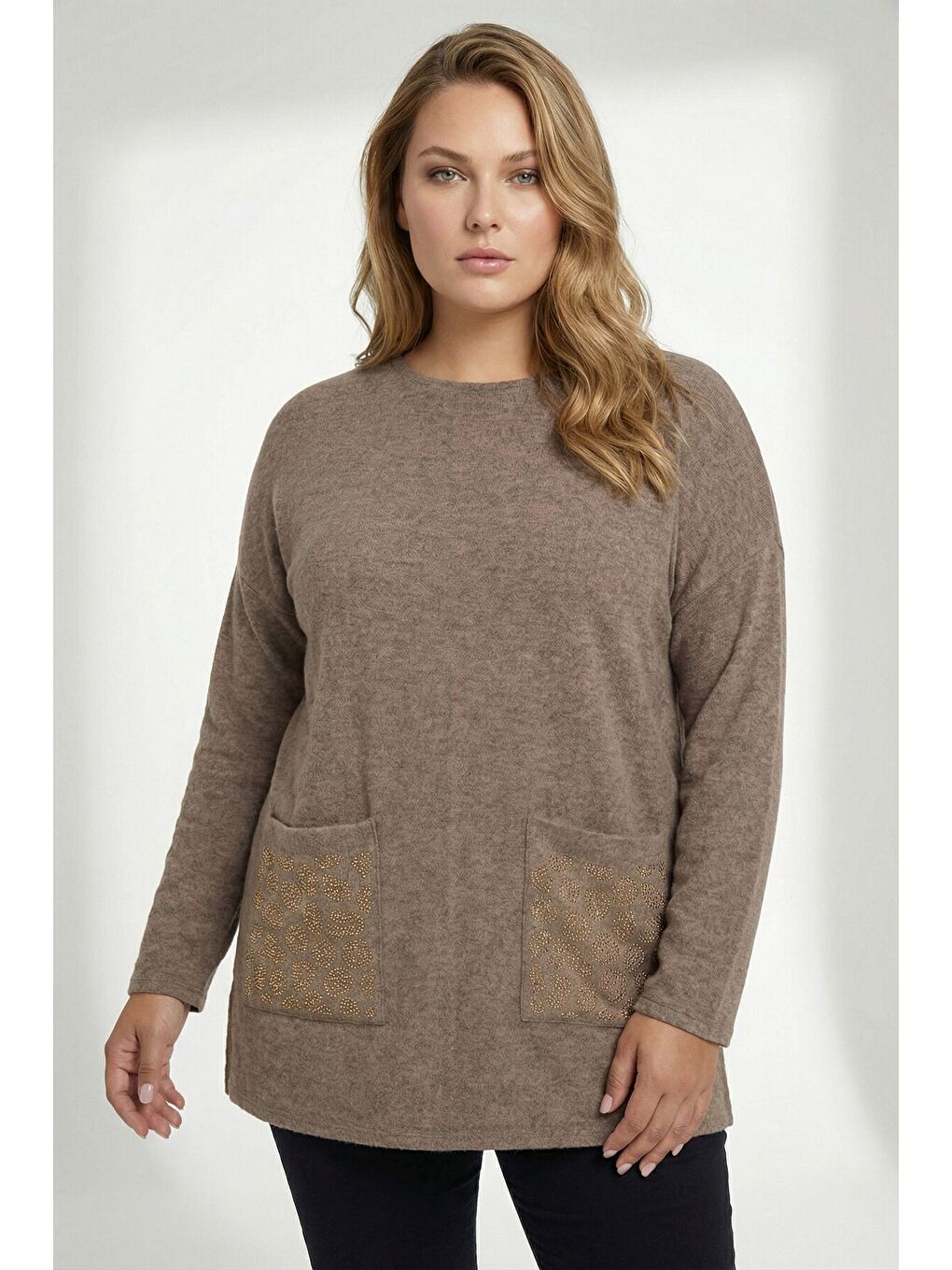 Kahverengi Büyük Beden Leopar Taş İşlemeli Kahve Yumoş Kazak 285100