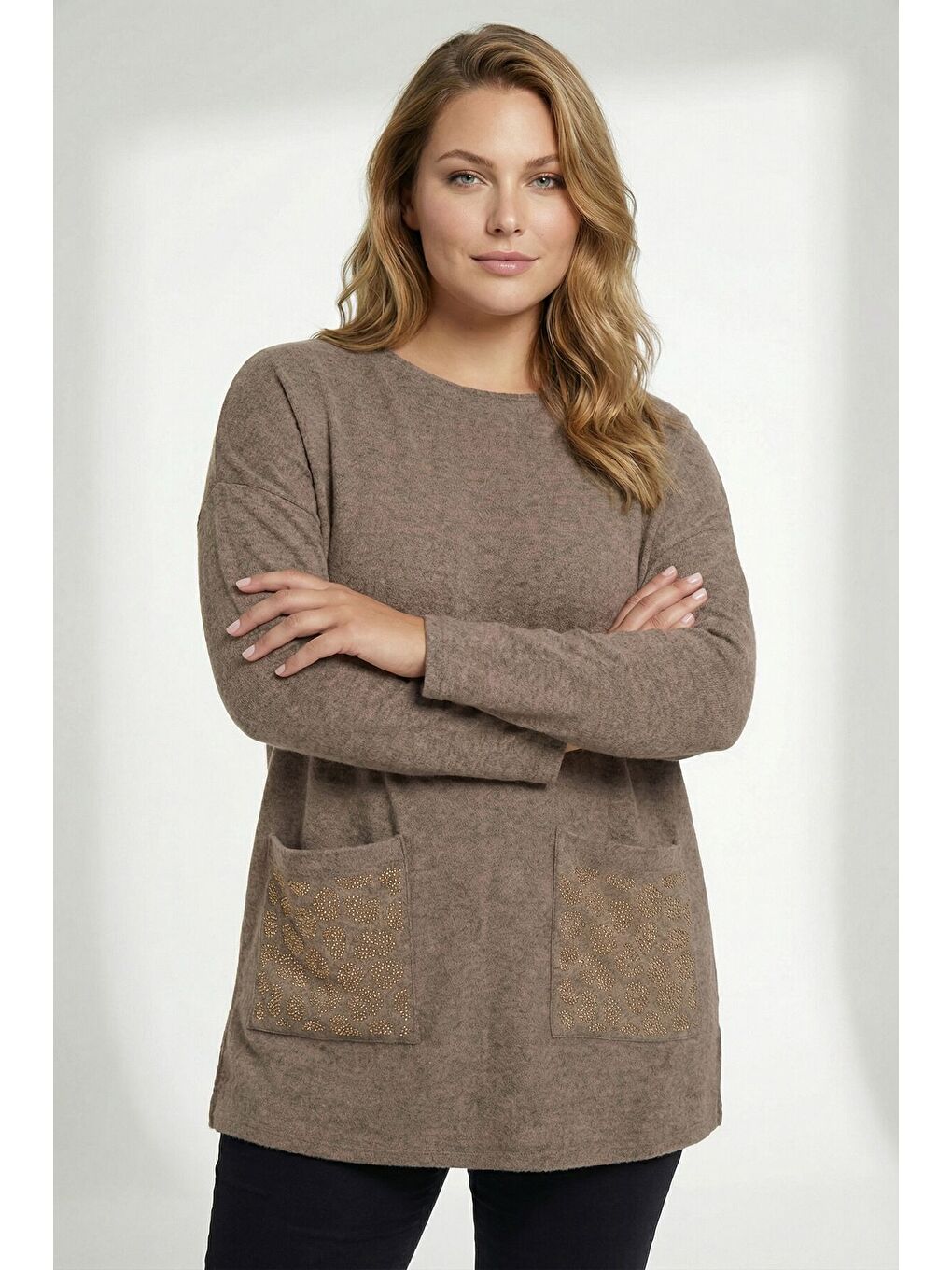 Kahverengi Büyük Beden Leopar Taş İşlemeli Kahve Yumoş Kazak 285100-1