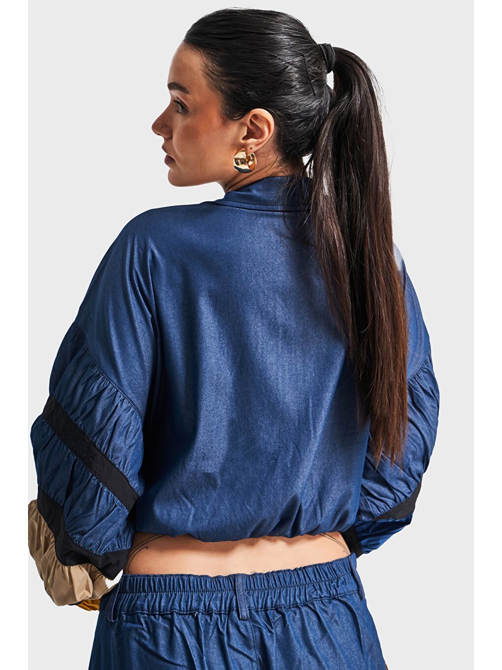 Kadın Koyu Mavi Renk Parçalı Kumaş Bol Kesim Tasarım Ceket-3