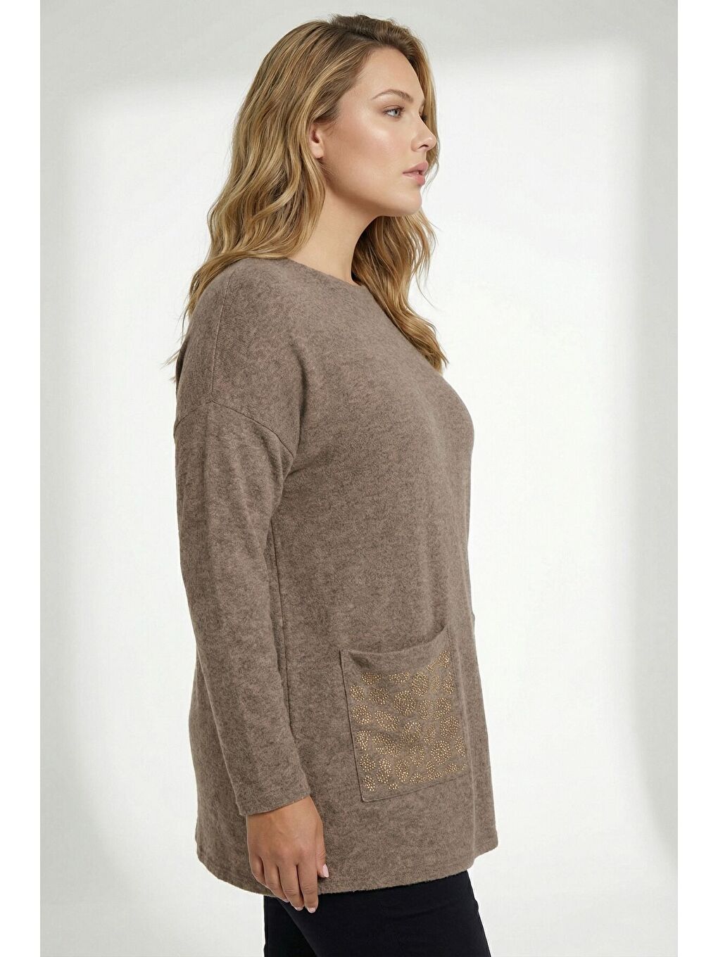 Kahverengi Büyük Beden Leopar Taş İşlemeli Kahve Yumoş Kazak 285100-5