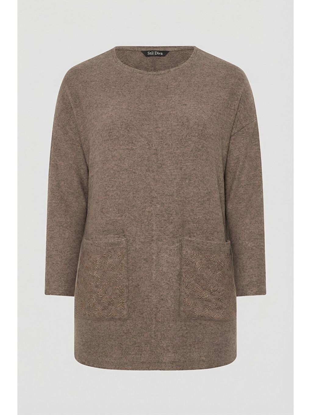 Kahverengi Büyük Beden Leopar Taş İşlemeli Kahve Yumoş Kazak 285100-6