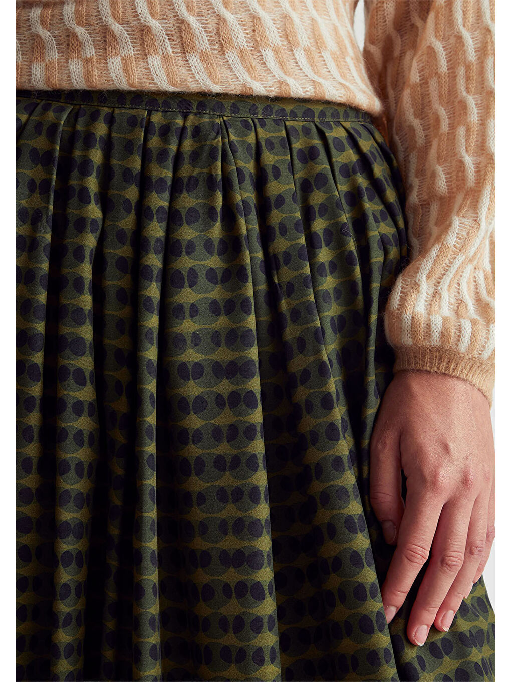 Kadın Koyu Yeşil %100 Viskoz Tamamı Desenli Pileli Midi Etek-5