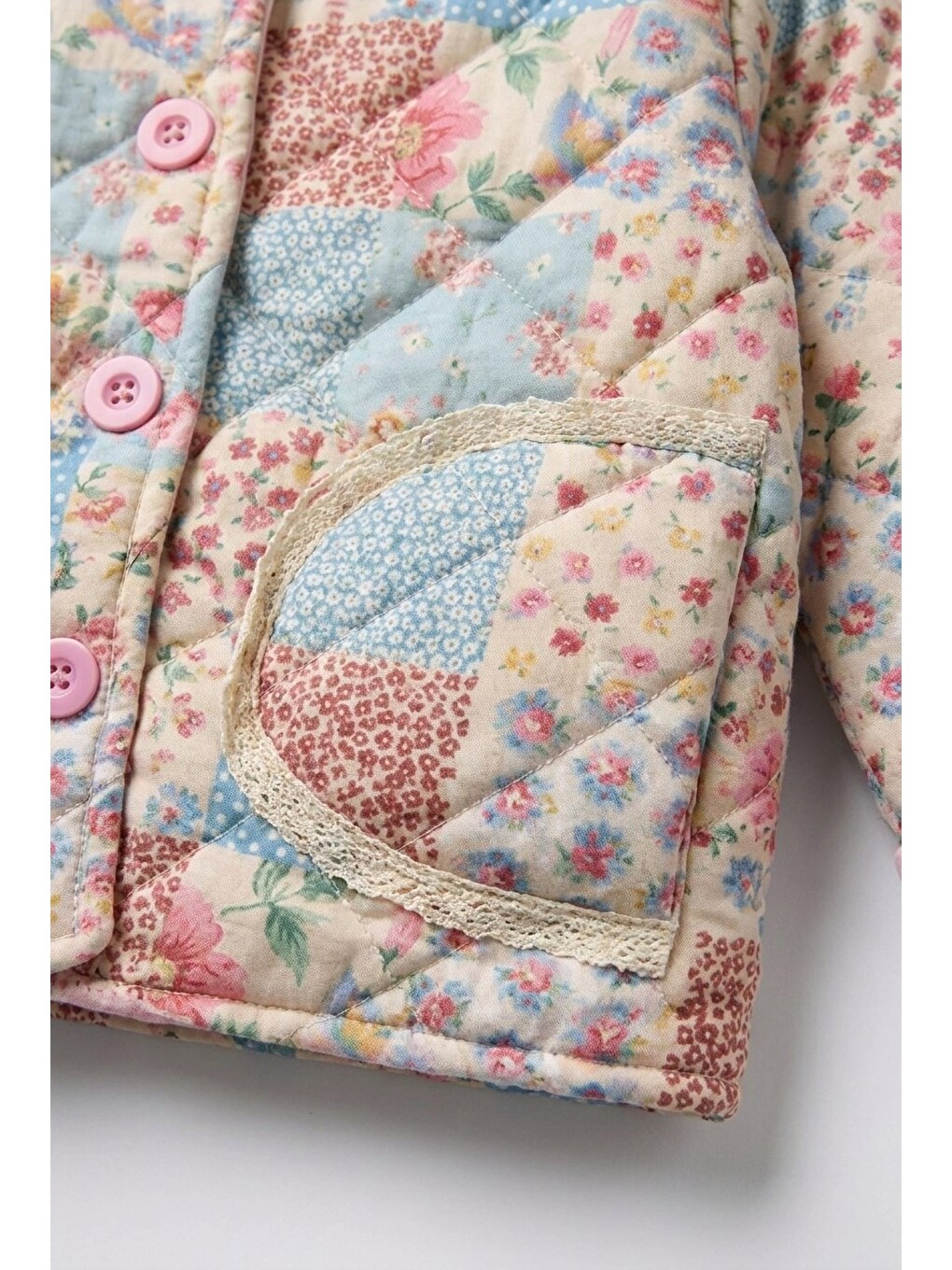 Karışık Kız Çocuk Patchwork Desenli Kapitone Ceket-3