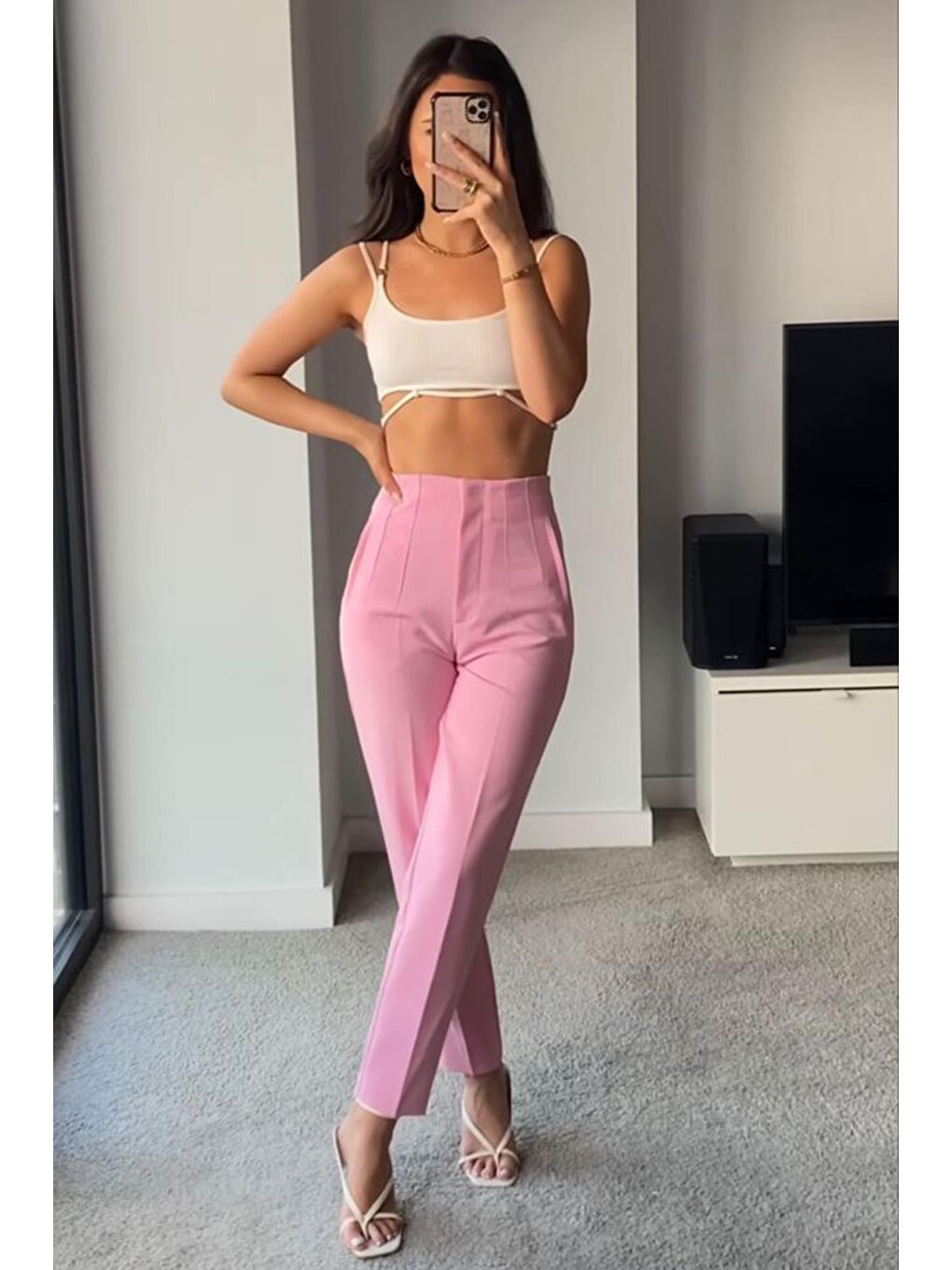 Pembe Önü Biyeli Yüksek Bel Kadın Pantolon Mg2425