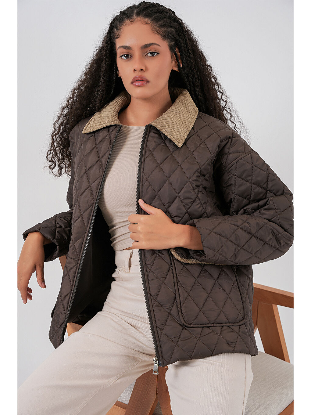 Kadın Kahverengi Bej Kapitone Oversize Mont 5229