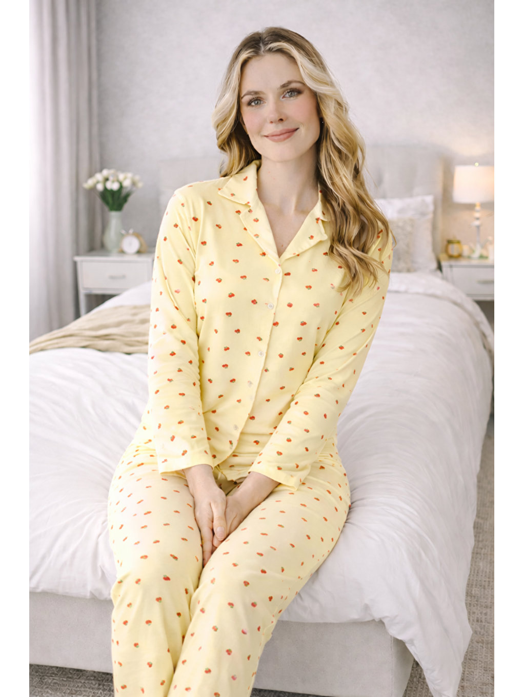 Sarı Kadın Kiraz Desenli Kaliteli Milan Kumaş Gömlek Yaka Düğmeli Yumuşak Tuşe Pijama Takımı-1