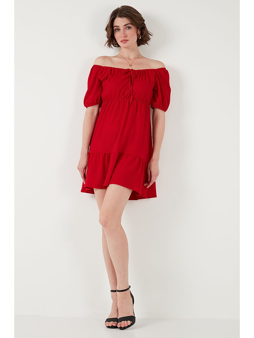 Kırmızı Önü Büzgülü Balon Kollu Mini Elbise 5869005-2