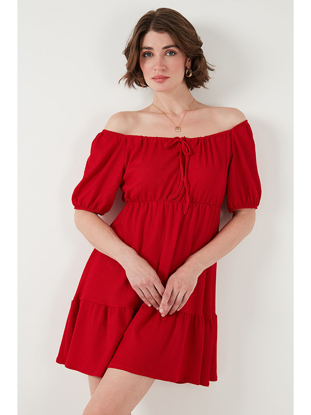 Kırmızı Önü Büzgülü Balon Kollu Mini Elbise 5869005-3