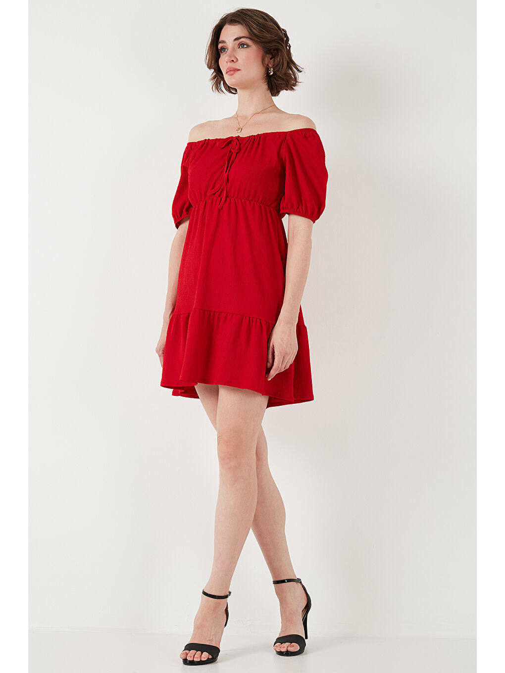 Kırmızı Önü Büzgülü Balon Kollu Mini Elbise 5869005-4