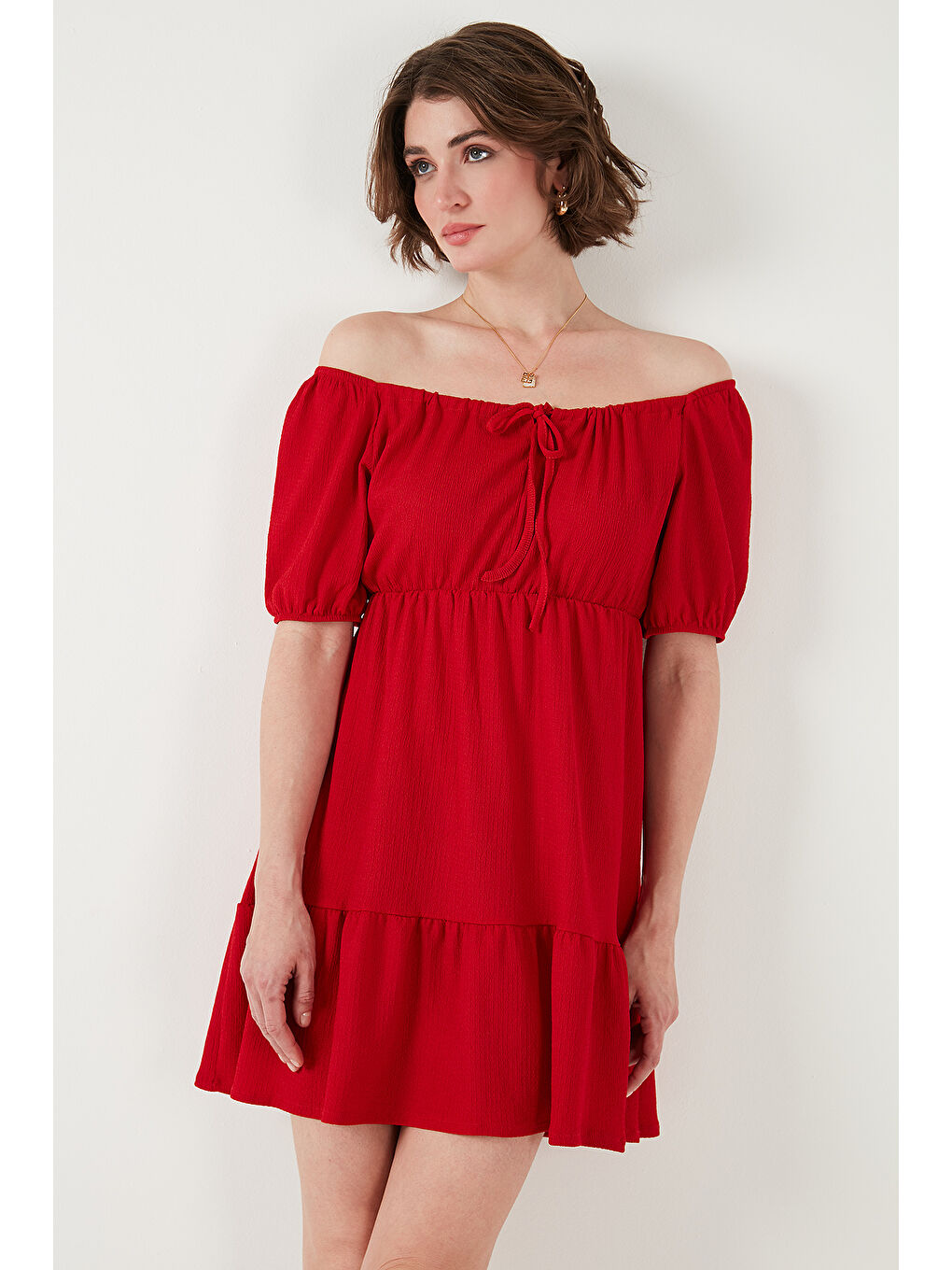 Kırmızı Önü Büzgülü Balon Kollu Mini Elbise 5869005-5