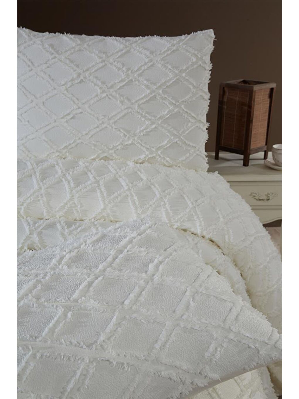 Ekru Vesya 3 Parça Çift Kişilik Pike Takımı Krem-2