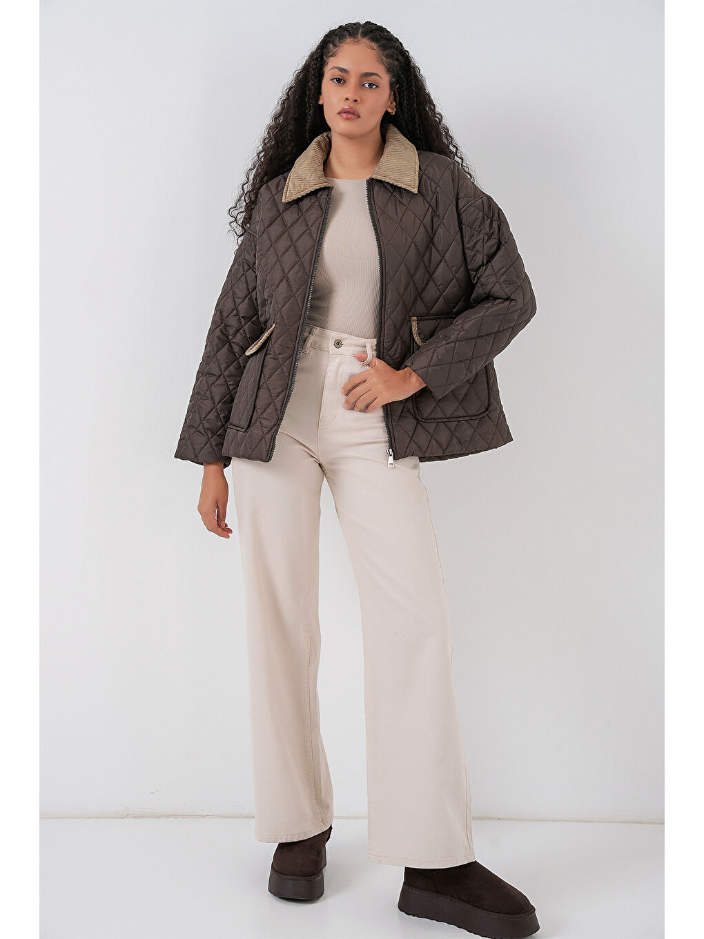 Kadın Kahverengi Bej Kapitone Oversize Mont 5229-1