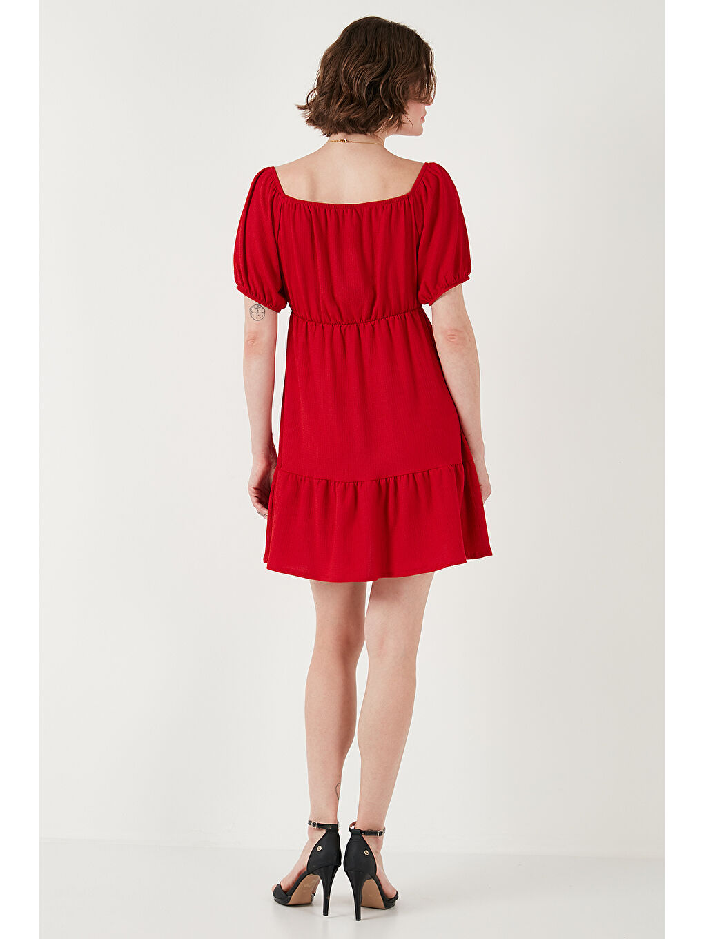 Kırmızı Önü Büzgülü Balon Kollu Mini Elbise 5869005-6