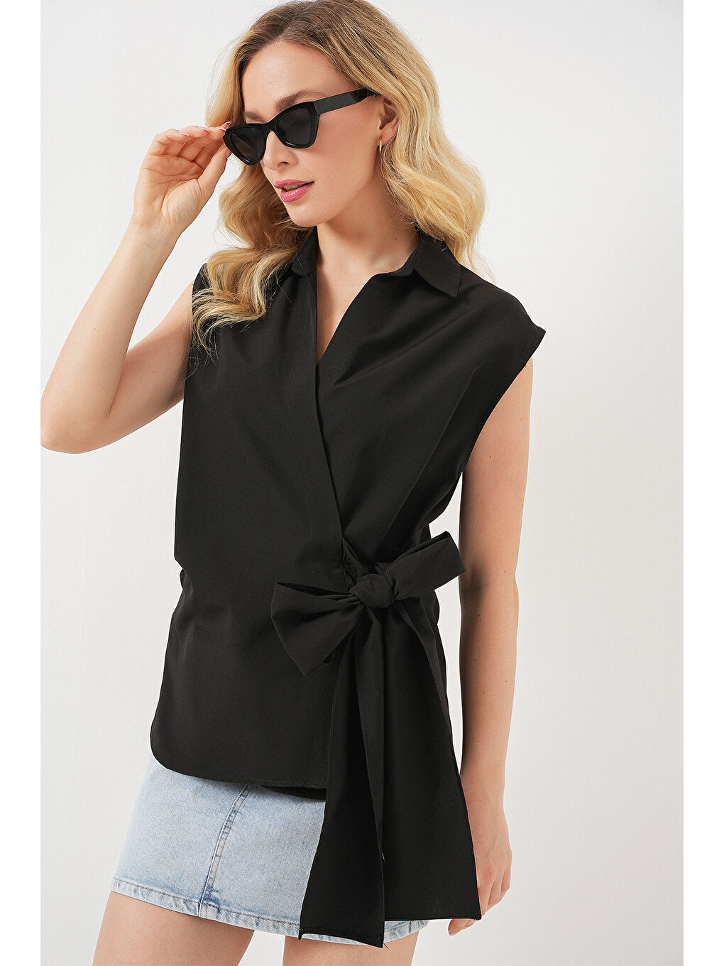 Kadın Sıfır Kol Anvelop Gömlek 20343 - Siyah-2