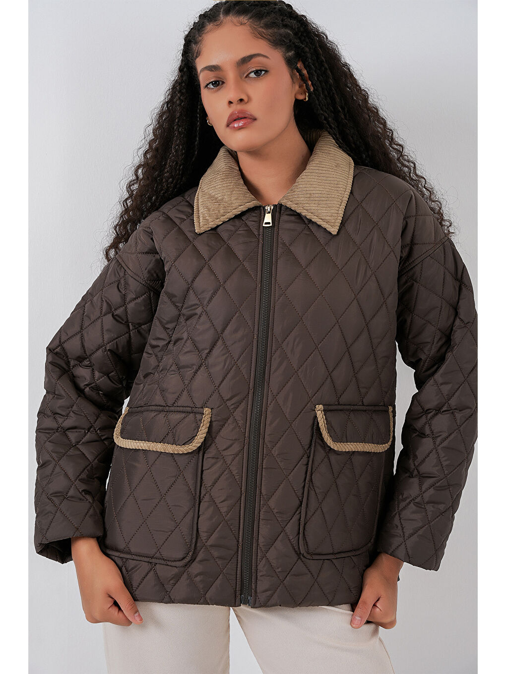 Kadın Kahverengi Bej Kapitone Oversize Mont 5229-2