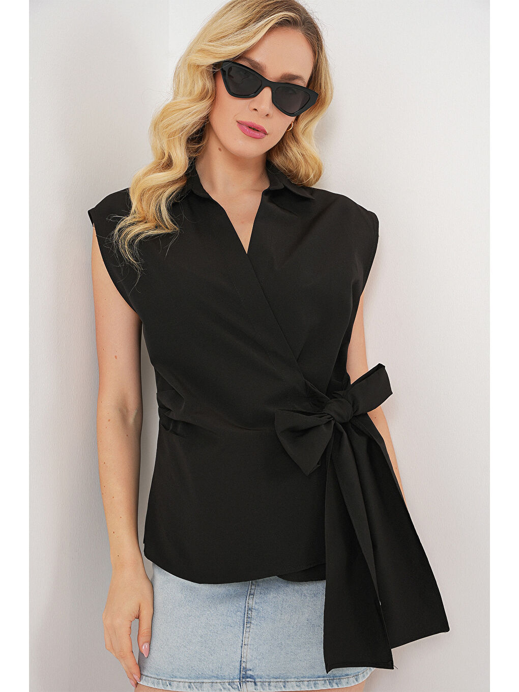 Kadın Sıfır Kol Anvelop Gömlek 20343 - Siyah-3