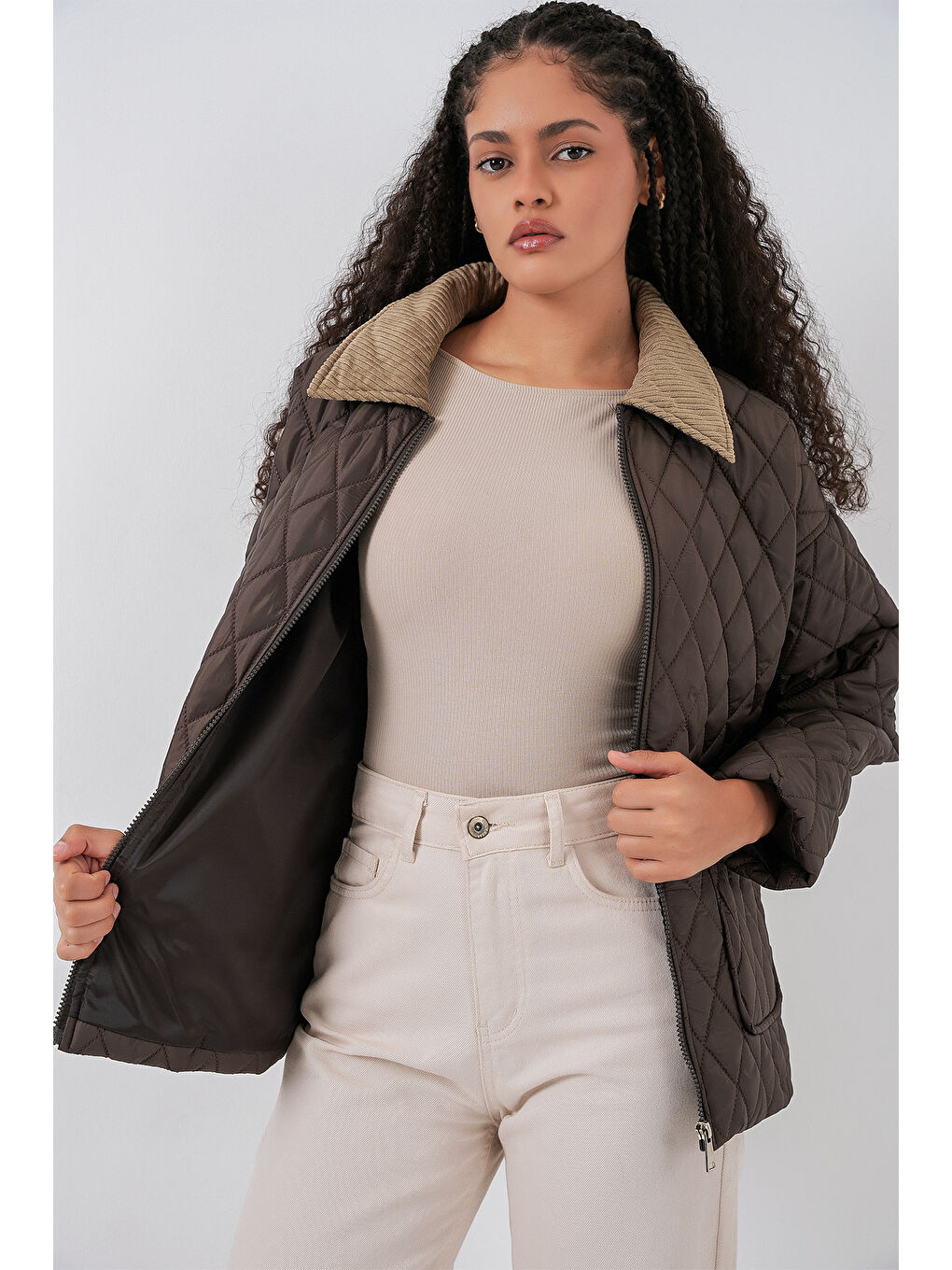 Kadın Kahverengi Bej Kapitone Oversize Mont 5229-3