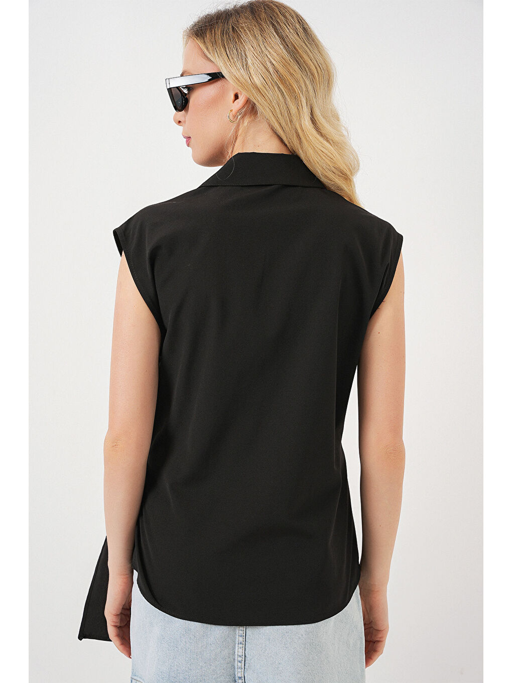 Kadın Sıfır Kol Anvelop Gömlek 20343 - Siyah-5