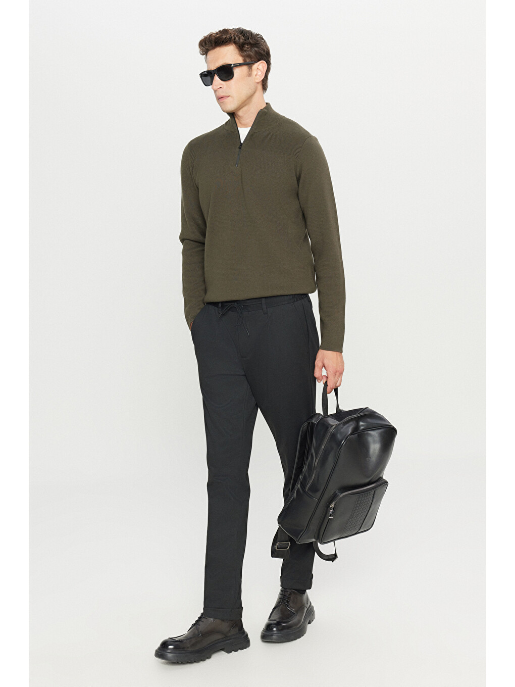 Erkek Haki Melanj Pamuklu Slim Fit Dar Kesim Bato Yaka Dokulu Triko Kazak-1