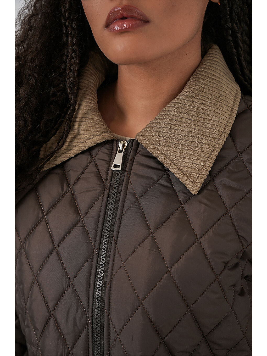 Kadın Kahverengi Bej Kapitone Oversize Mont 5229-5