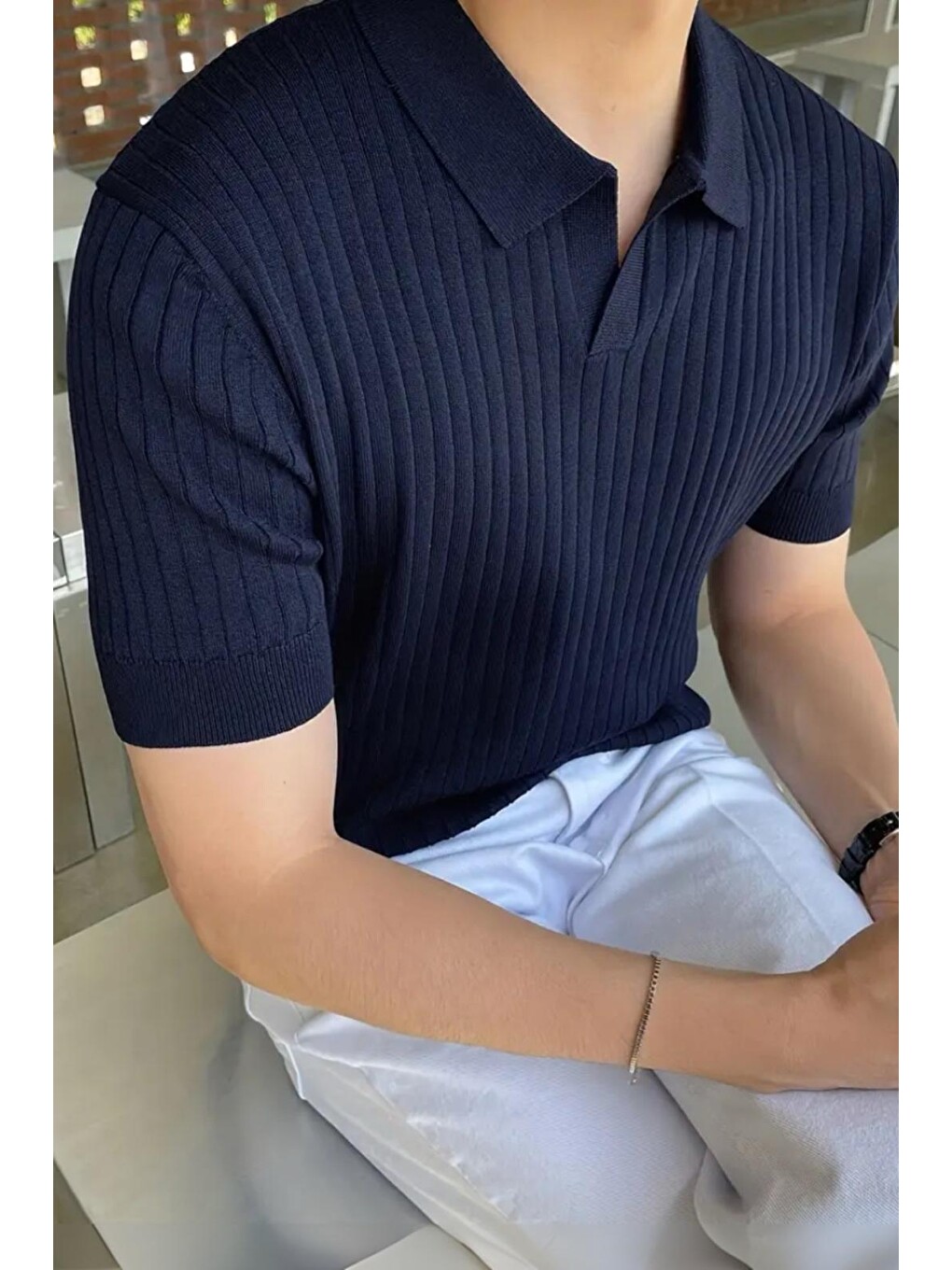 Lacivert Lorens Çizgili Elastanlı Slim Fit Polo Yaka Örme Erkek Triko Tişört