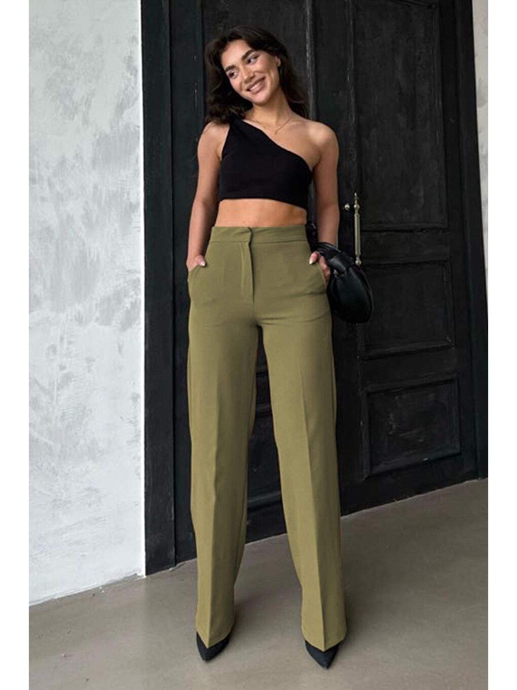 Haki Yüksek Bel Kumaş Pantolon Mg2284