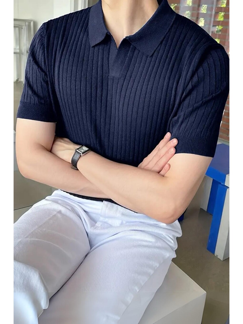 Lacivert Lorens Çizgili Elastanlı Slim Fit Polo Yaka Örme Erkek Triko Tişört-1