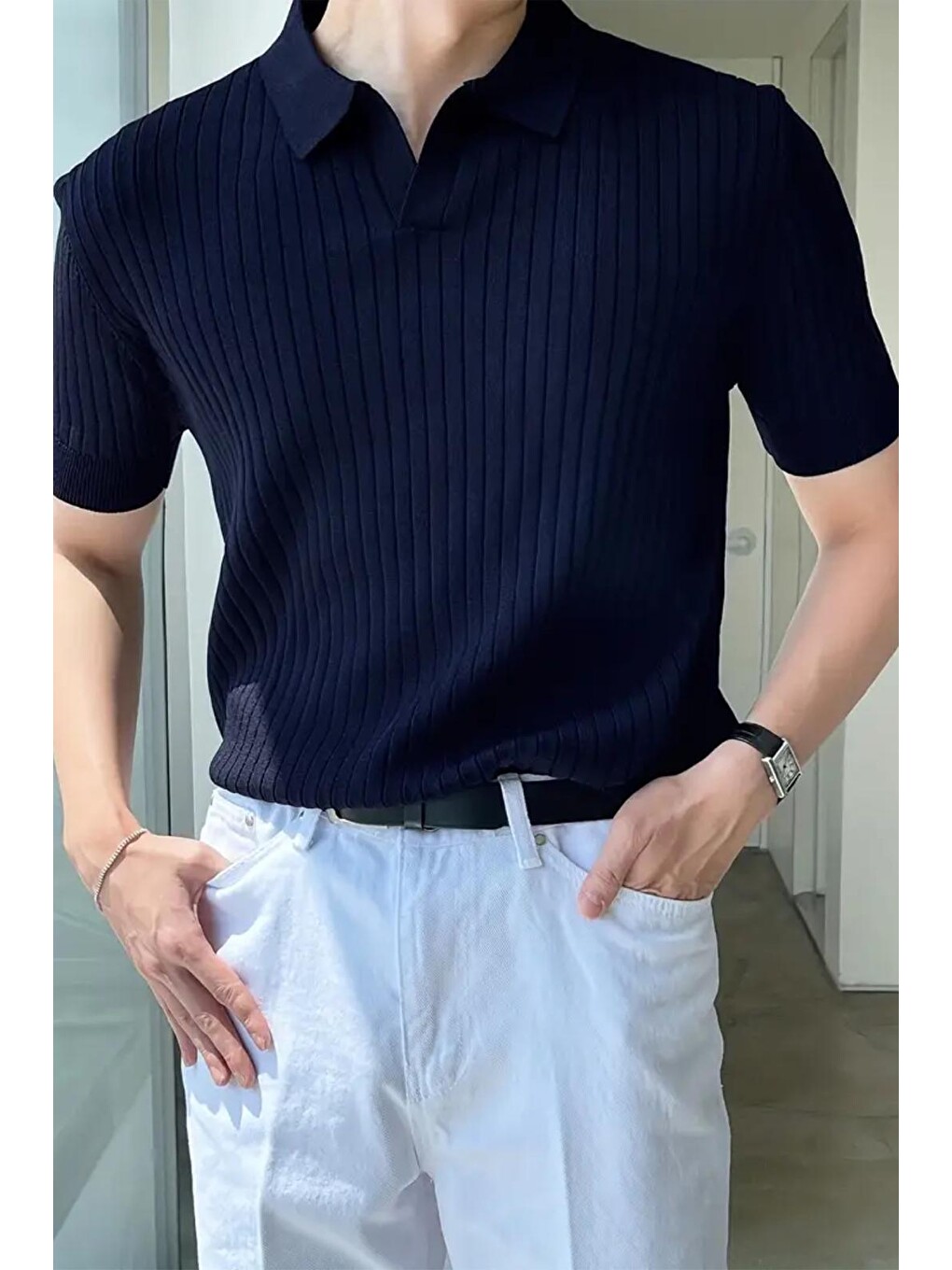 Lacivert Lorens Çizgili Elastanlı Slim Fit Polo Yaka Örme Erkek Triko Tişört-2