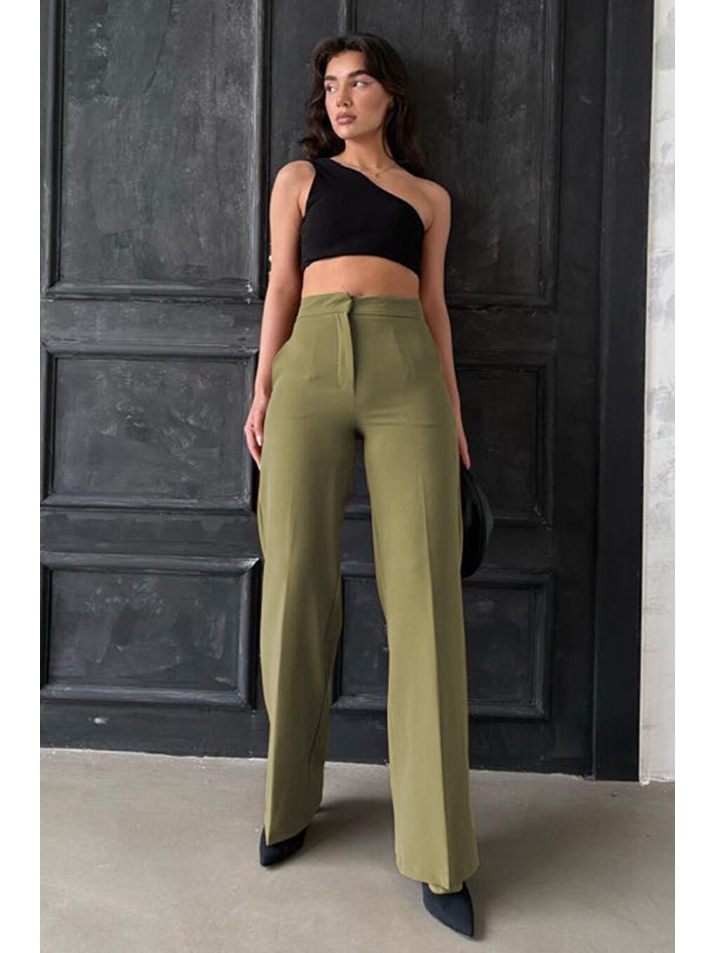 Haki Yüksek Bel Kumaş Pantolon Mg2284-1