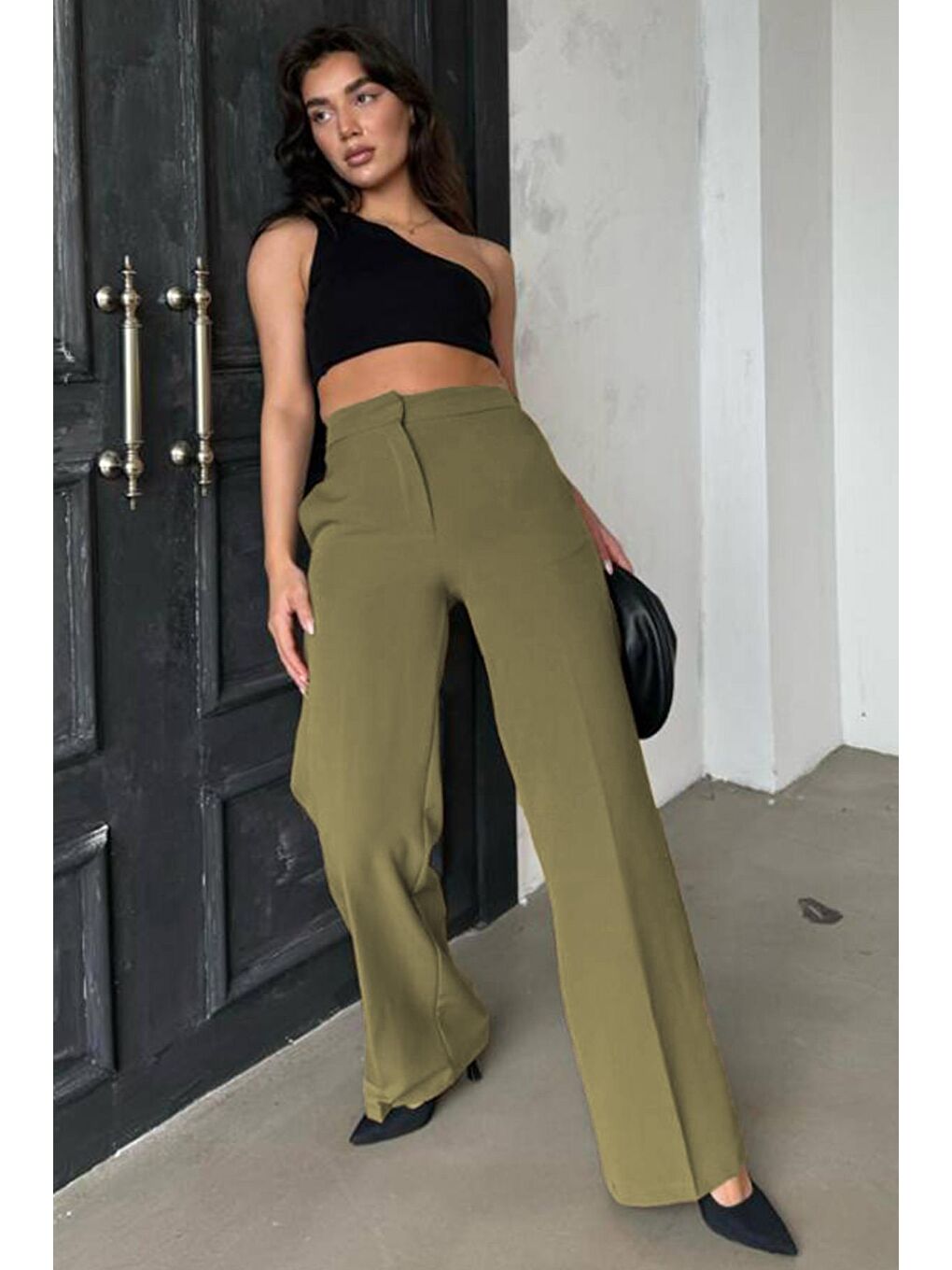 Haki Yüksek Bel Kumaş Pantolon Mg2284-2