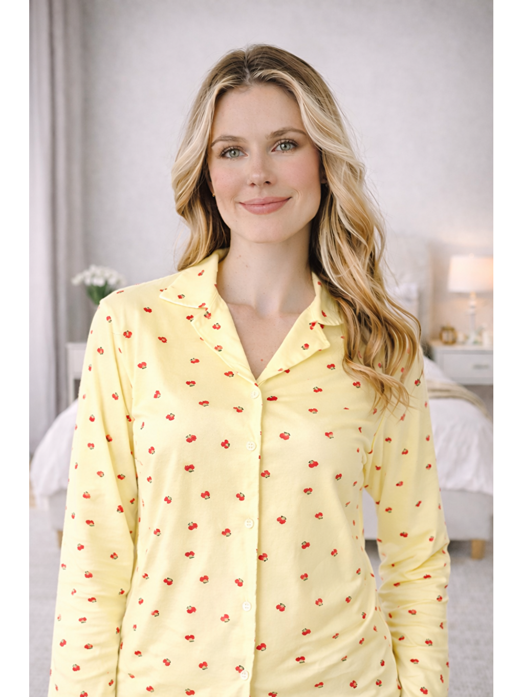 Sarı Kadın Kiraz Desenli Kaliteli Milan Kumaş Gömlek Yaka Düğmeli Yumuşak Tuşe Pijama Takımı-2