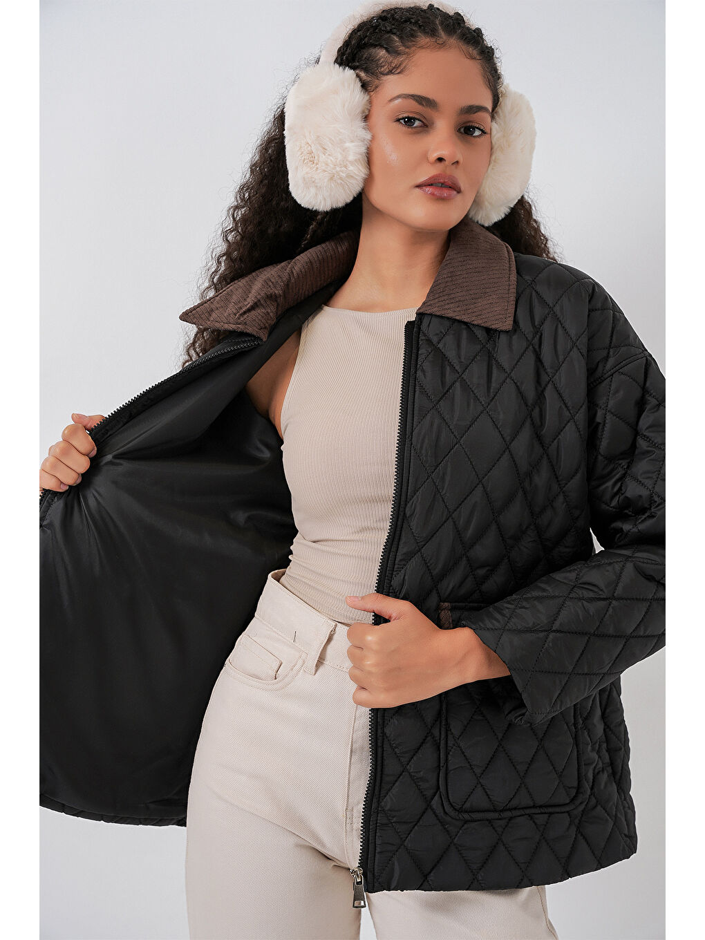 Kadın Siyah Kahve Kapitone Oversize Mont 5229-2