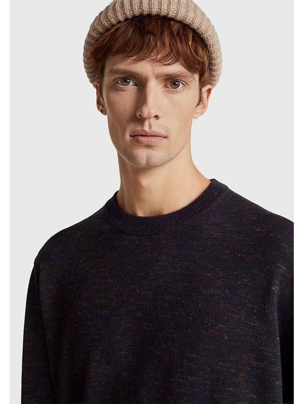 Erkek Lacivert Yün Karışımlı Bisiklet Yaka  Çoklu Renk Efekli Triko-5