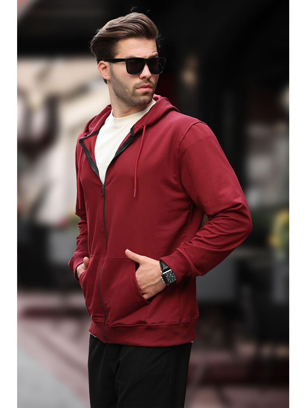 Bordo Kapüşonlu Düz Fermuarlı Erkek Hırka 7070