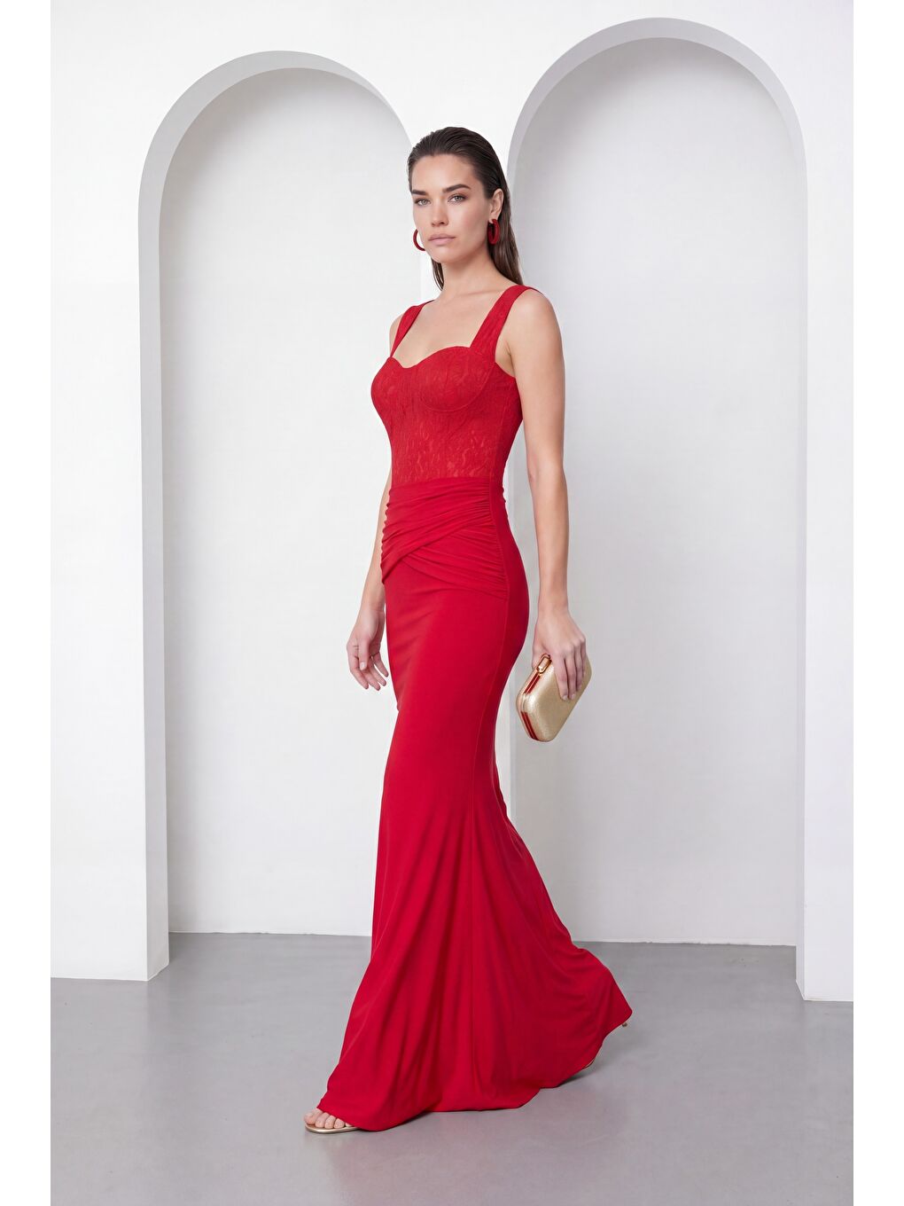 Kadın Kırmızı Dantel Detay Örme Uzun Davet Elbisesi-1