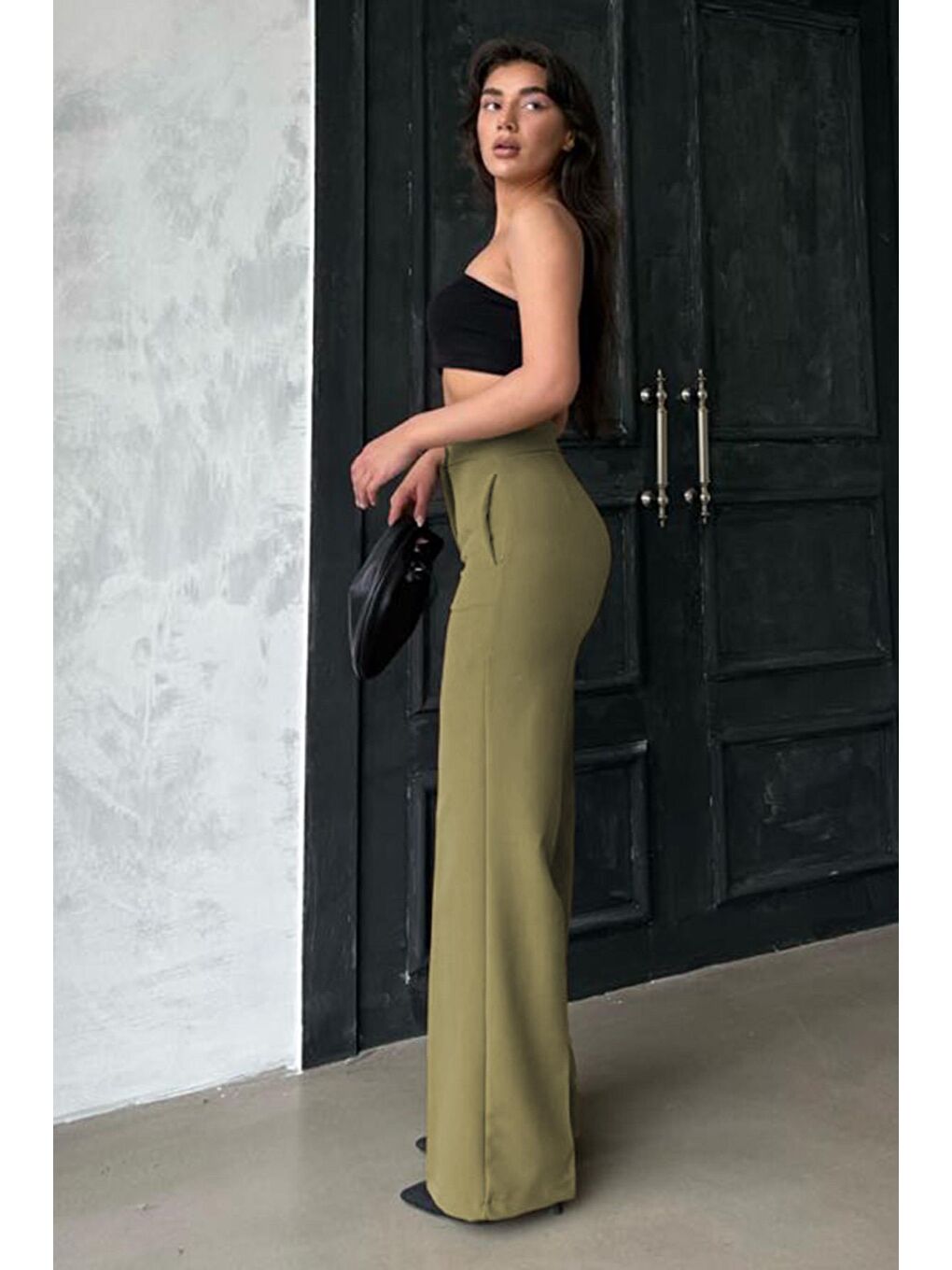 Haki Yüksek Bel Kumaş Pantolon Mg2284-3