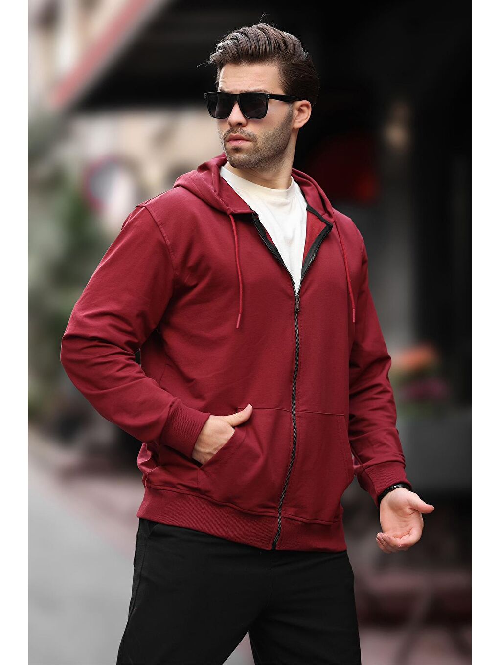 Bordo Kapüşonlu Düz Fermuarlı Erkek Hırka 7070-1