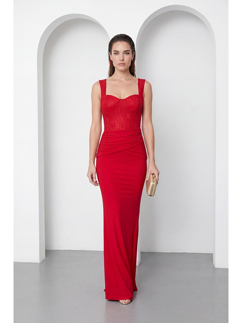 Kadın Kırmızı Dantel Detay Örme Uzun Davet Elbisesi-2