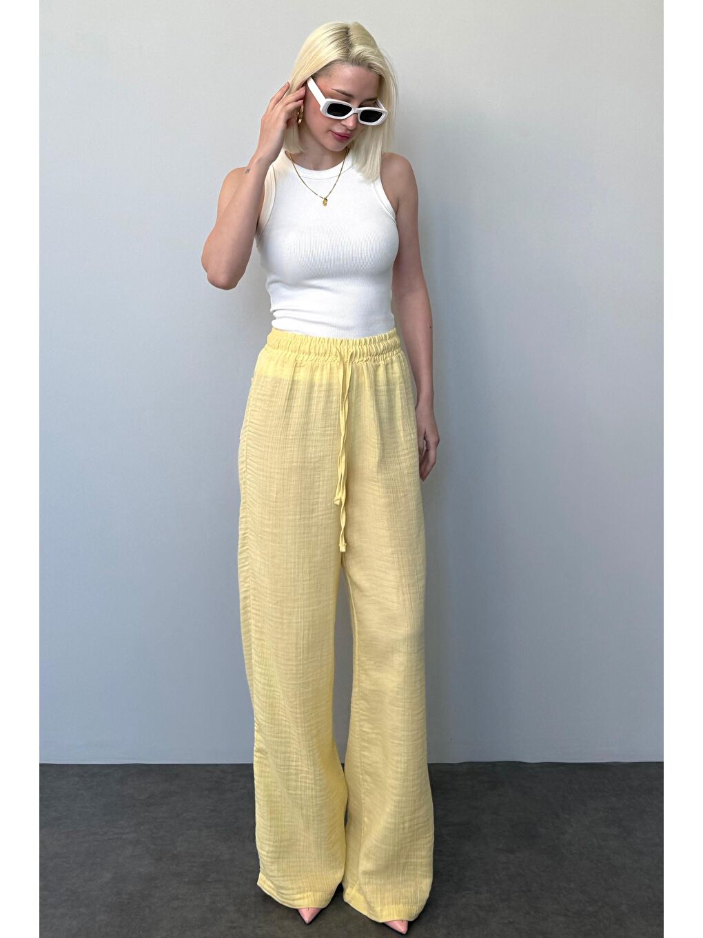 Sarı Bol Paça Müslin Kadın Pantolon Mg1980